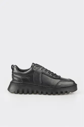 Black Leather Men's Sneakers - 1