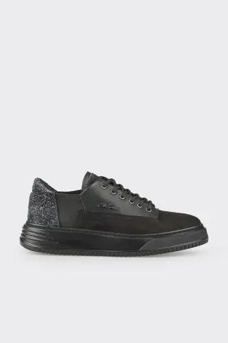 Black Leather Men's Sneakers-Black - 1