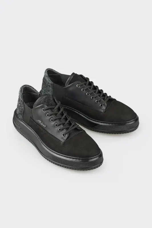 Black Leather Men's Sneakers-Black - 2