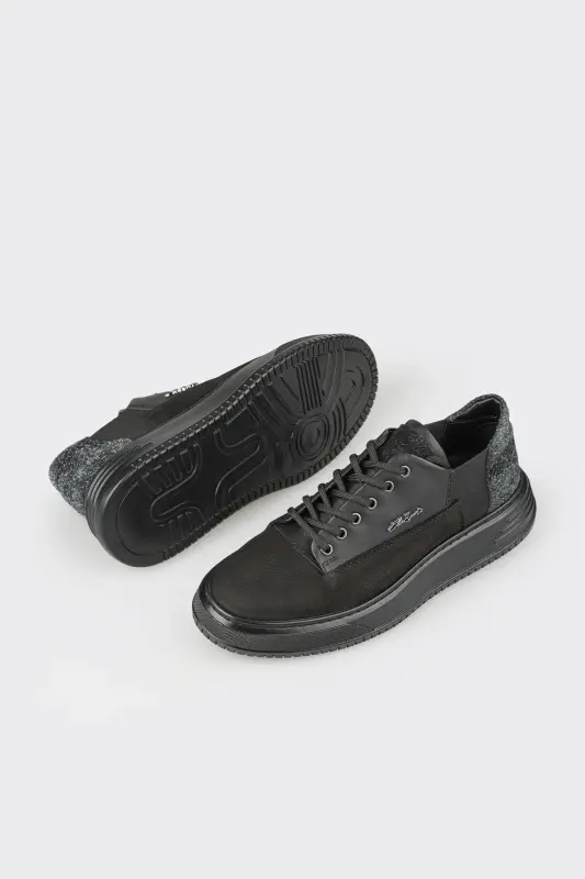 Black Leather Men's Sneakers-Black - 3