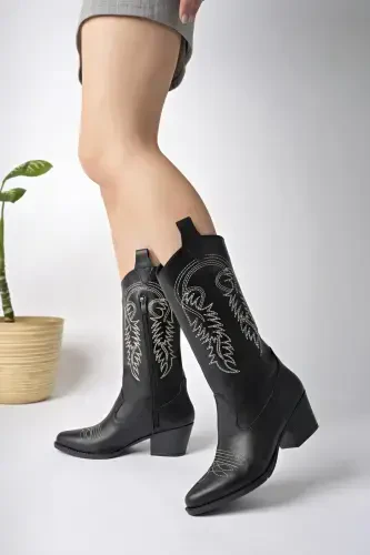 Black Leather White Embroidered New Season Women's Cowboy Boots-Black - BAKACSTORE (1)