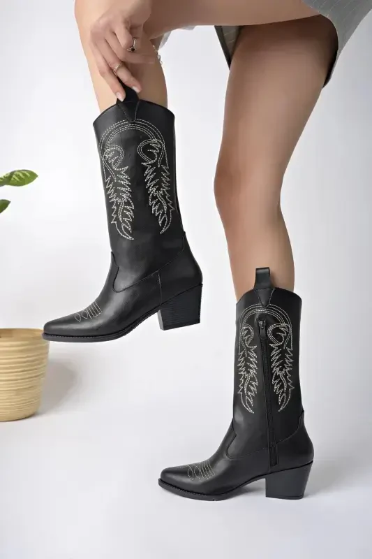 Black Leather White Embroidered New Season Women's Cowboy Boots-Black - 3