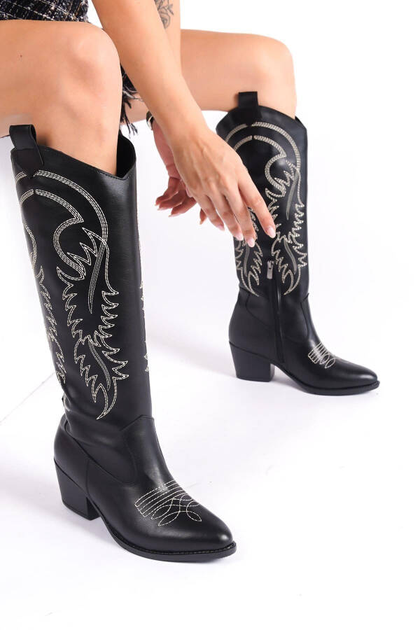 Black leather, white embroidered, zippered, long western women's cowboy boots - 1