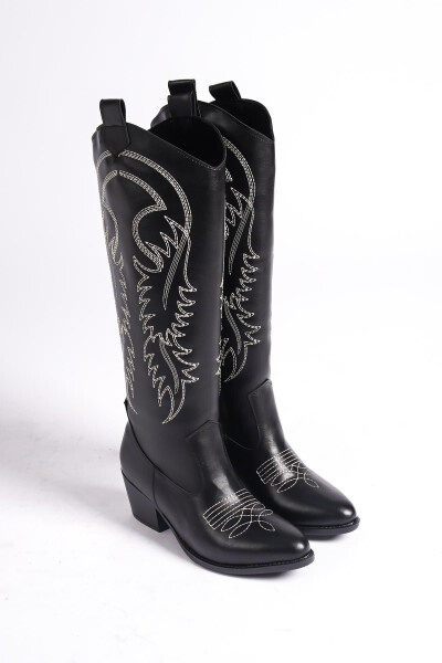 Black leather, white embroidered, zippered, long western women's cowboy boots - 4