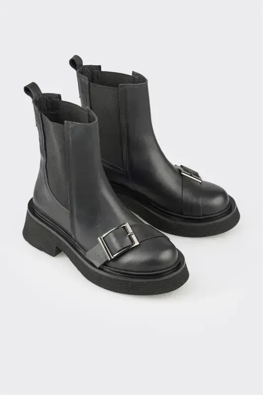 Black Leather Women's Ankle Boot - 2