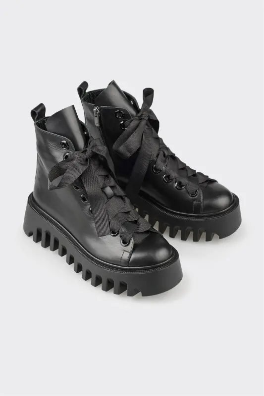 Black Leather Women's Casual Boot-Black - 2