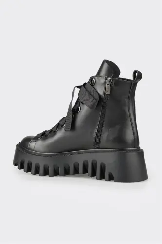 Black Leather Women's Casual Boot-Black - 3