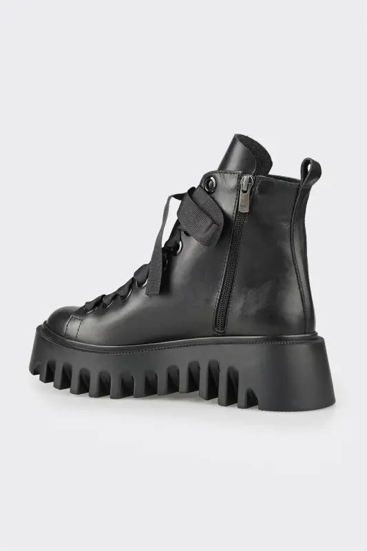 Black Leather Women's Casual Boot-Black - 3