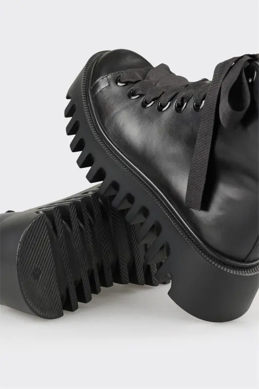 Black Leather Women's Casual Boot-Black - 4