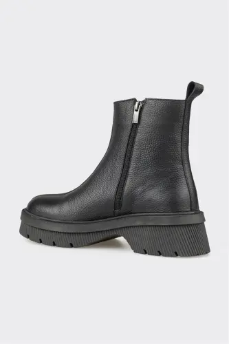 Black Leather Women's Casual Boot-Black - 3