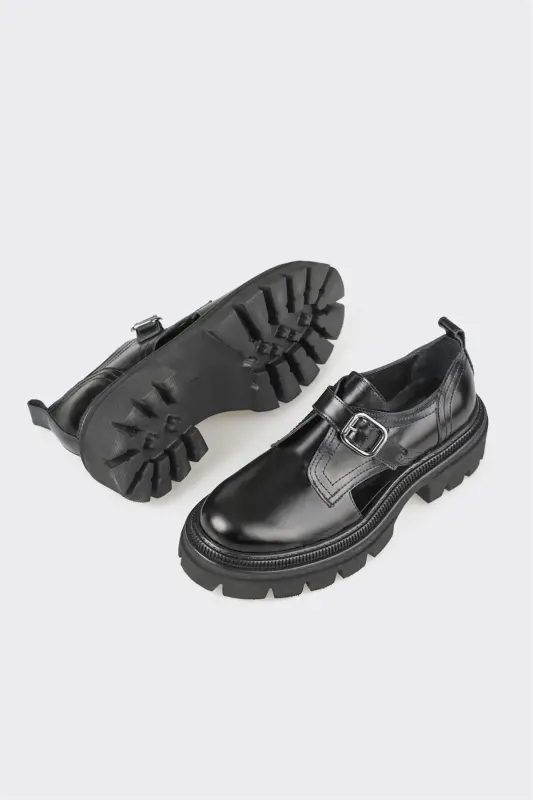 Black Leather Women's Casual Shoes - 3