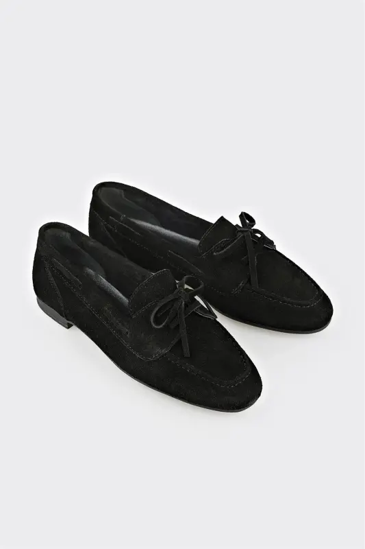 Black Leather Women's Casual Shoes-Black - 2