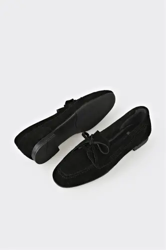 Black Leather Women's Casual Shoes-Black - 3