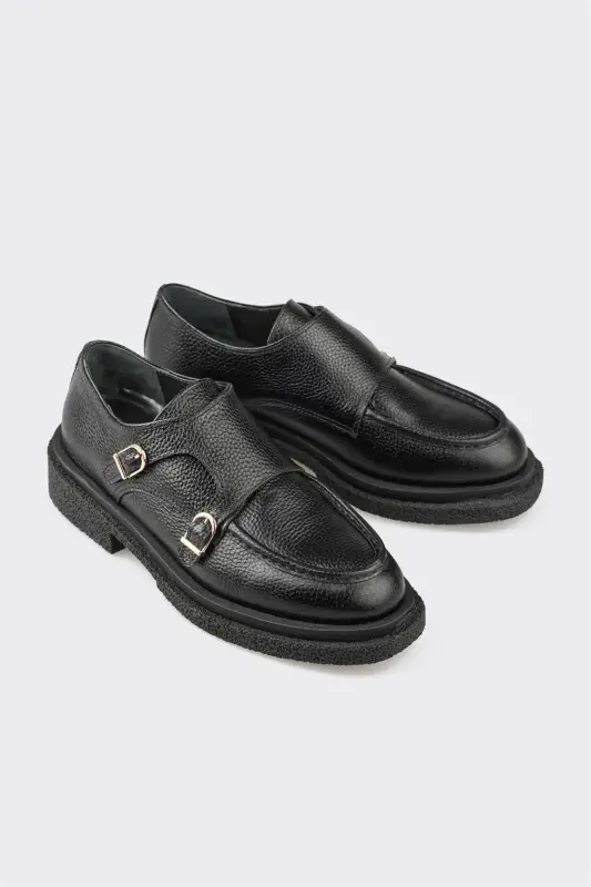 Black Leather Women's Casual Shoes-Black - 2