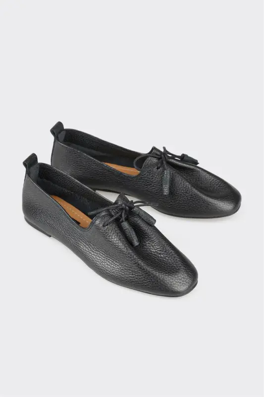 Black Leather Women's Casual Shoes-Black - 2
