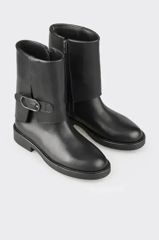 Black Leather Women's Daily Boot-Black - 2