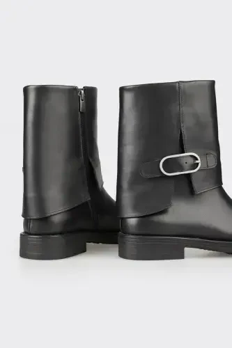 Black Leather Women's Daily Boot-Black - 4