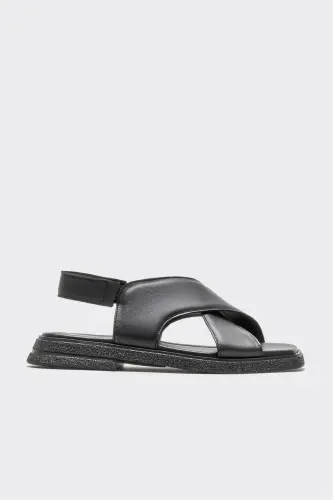 Black Leather Women's Flat Sandal-Black - 1