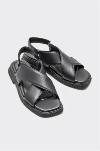 Black Leather Women's Flat Sandal-Black - ELLE SHOES (1)