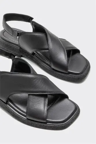 Black Leather Women's Flat Sandal-Black - 3