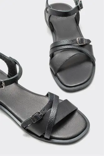 Black Leather Women's Flat Sandal-Black - 3
