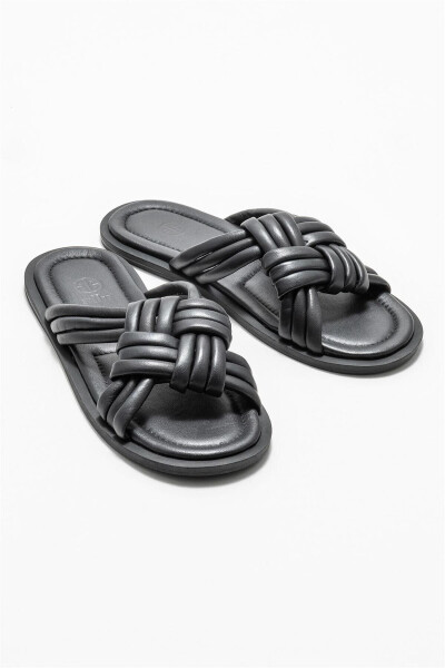 Black Leather Women's Flat Sandals - ELLE SHOES (1)