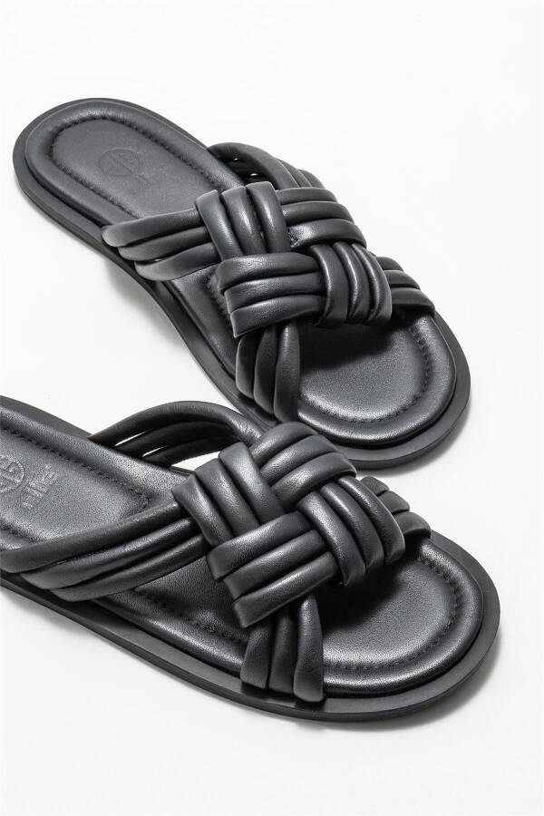 Black Leather Women's Flat Sandals - 3