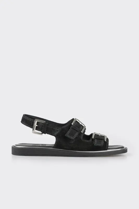 Black Leather Women's Flat Sandals - 1