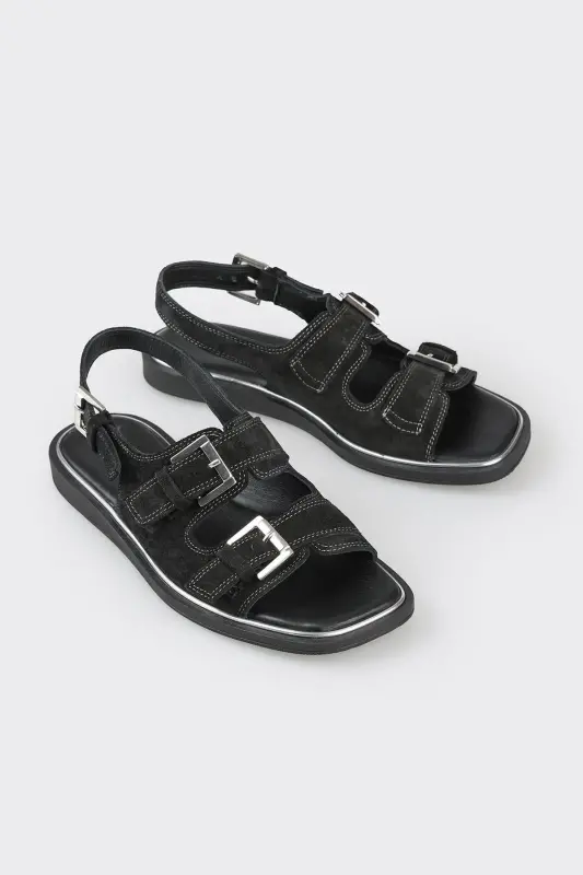 Black Leather Women's Flat Sandals - 2