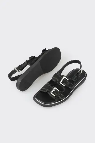 Black Leather Women's Flat Sandals - 3