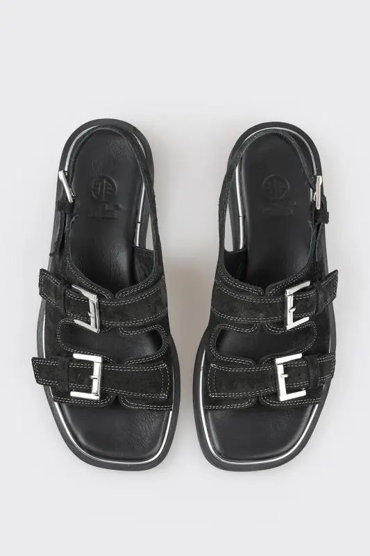 Black Leather Women's Flat Sandals - 4