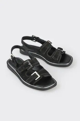 Black Leather Women's Flat Sandals - ELLE SHOES (1)