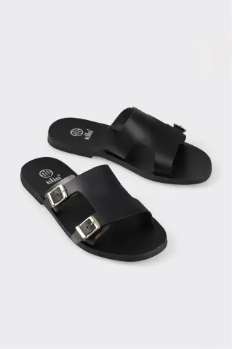 Black Leather Women's Flat Slipper-Black - ELLE SHOES (1)