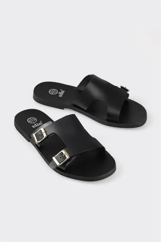 Black Leather Women's Flat Slipper-Black - 2