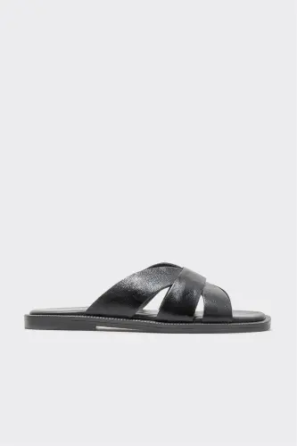 Black Leather Women's Flat Slipper-Black - 1