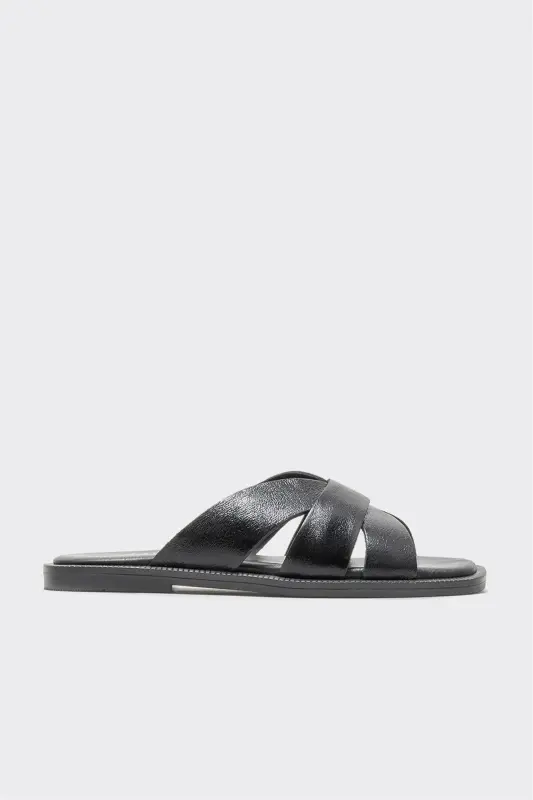 Black Leather Women's Flat Slipper-Black - 1