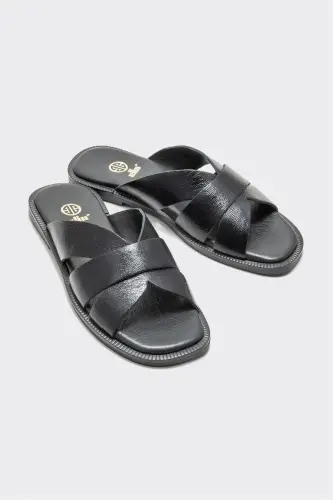 Black Leather Women's Flat Slipper-Black - 2