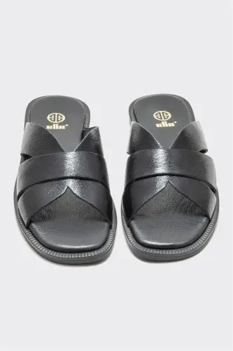 Black Leather Women's Flat Slipper-Black - 3