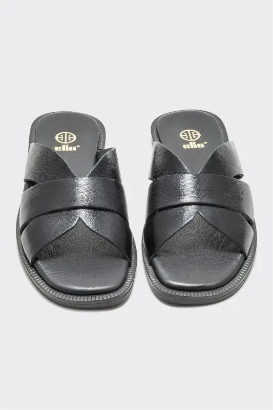 Black Leather Women's Flat Slipper-Black - 3