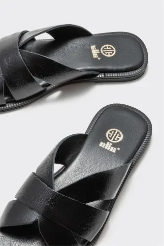 Black Leather Women's Flat Slipper-Black - 4