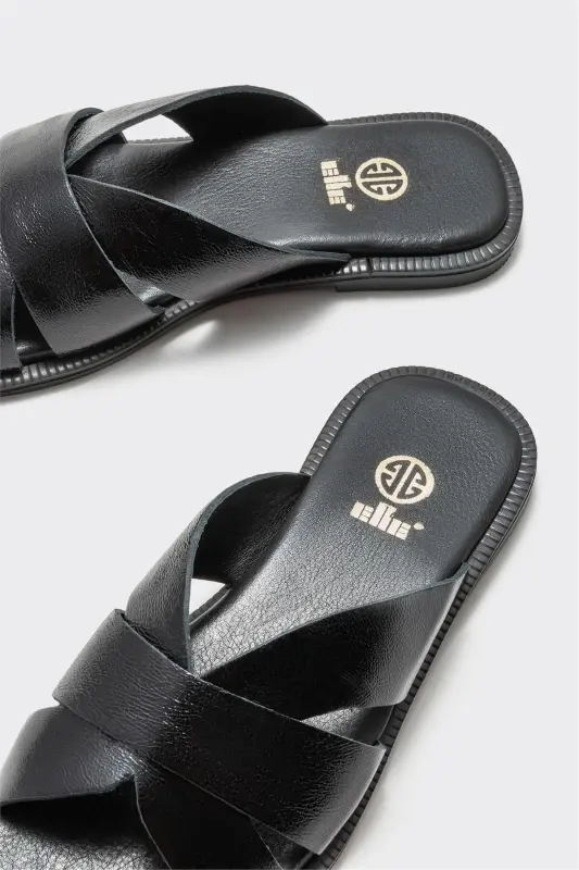 Black Leather Women's Flat Slipper-Black - 4