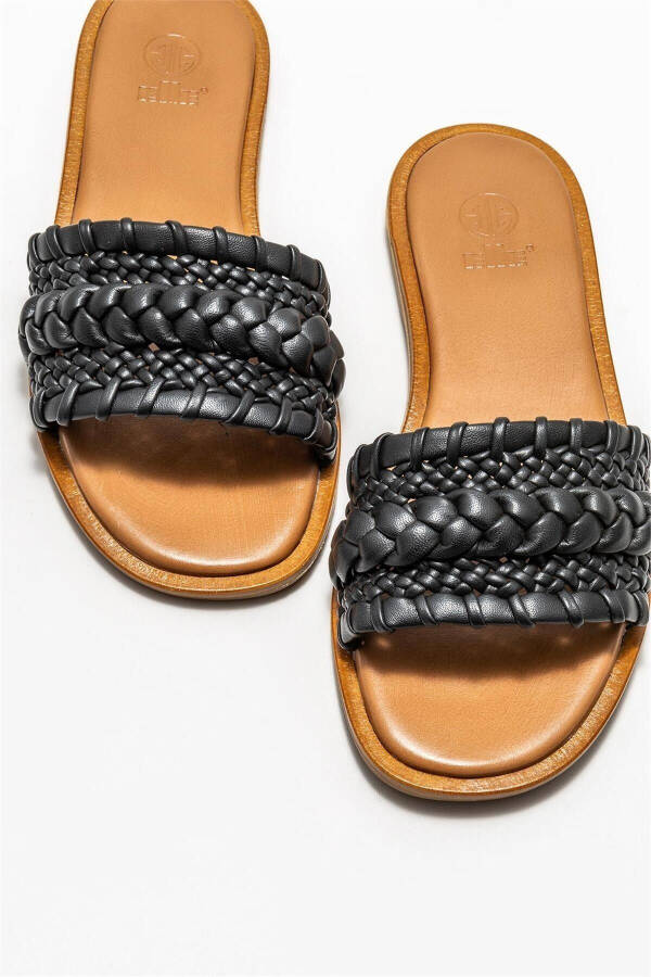 Black Leather Women's Flat Slippers - 3