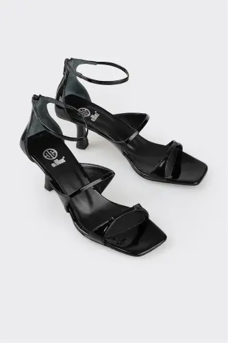 Black Leather Women's Heeled Sandals - 2