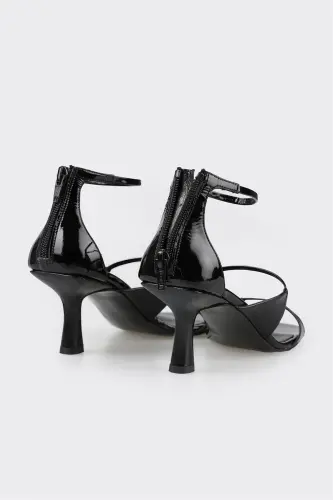 Black Leather Women's Heeled Sandals - 4