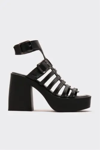 Black Leather Women's Heeled Sandals 