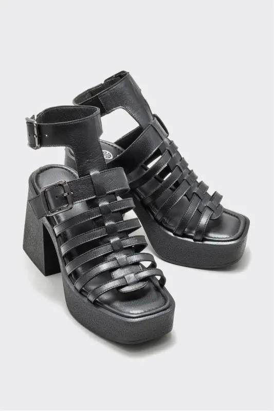 Black Leather Women's Heeled Sandals - 2