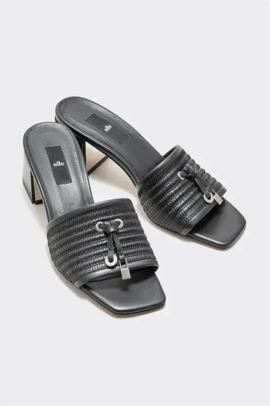 Black Leather Women's Heeled Slippers - 2