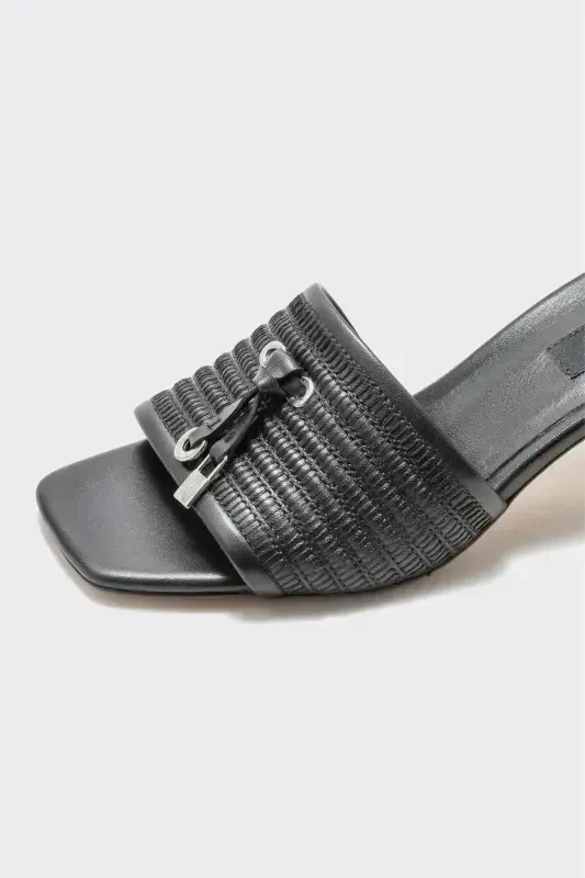 Black Leather Women's Heeled Slippers - 3