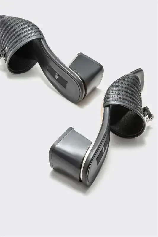 Black Leather Women's Heeled Slippers - 4