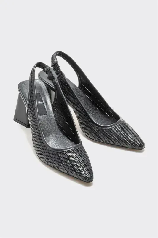 Black Leather Women's Heels-Black - 2